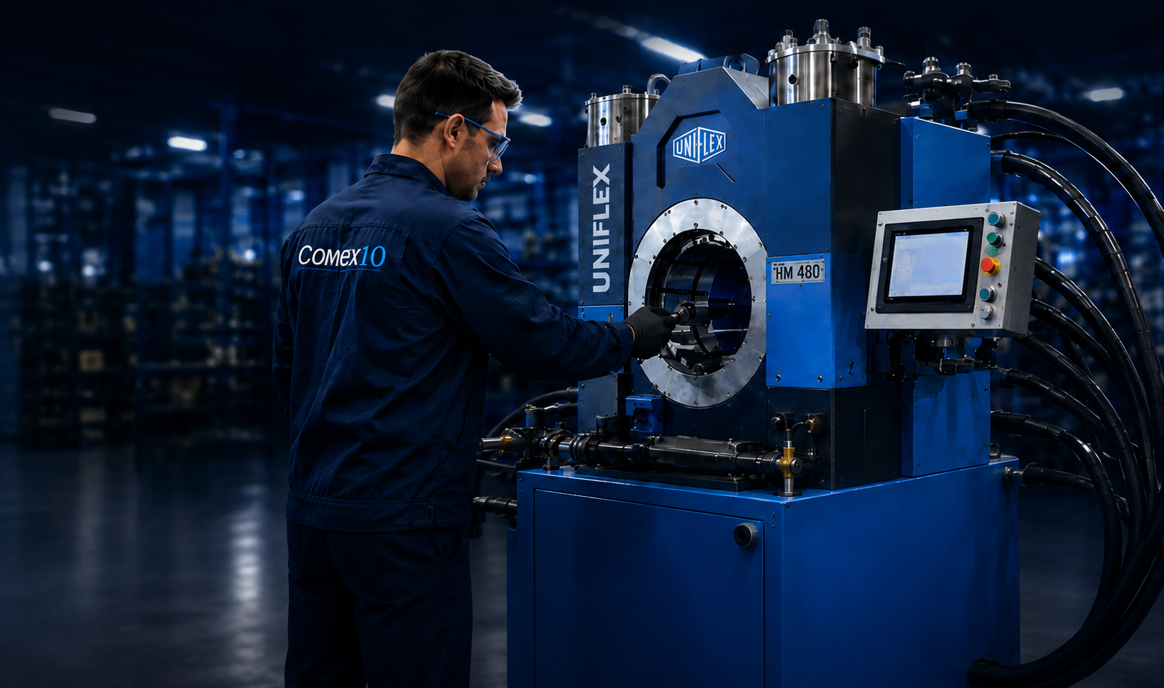 Técnico Comex10 operando máquina de crimpagem Uniflex