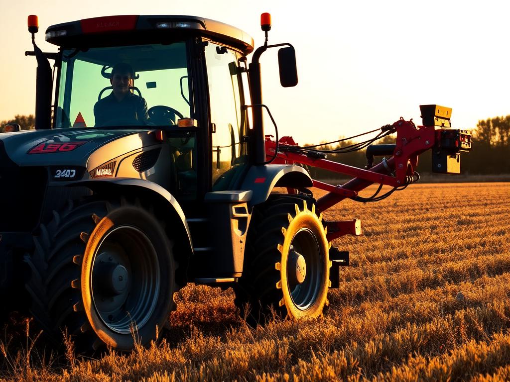 Trator agrícola com implementos hidráulicos no campo