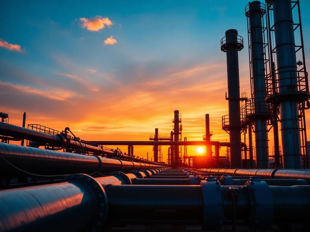 Refinaria de petróleo com tubulações industriais ao pôr do sol